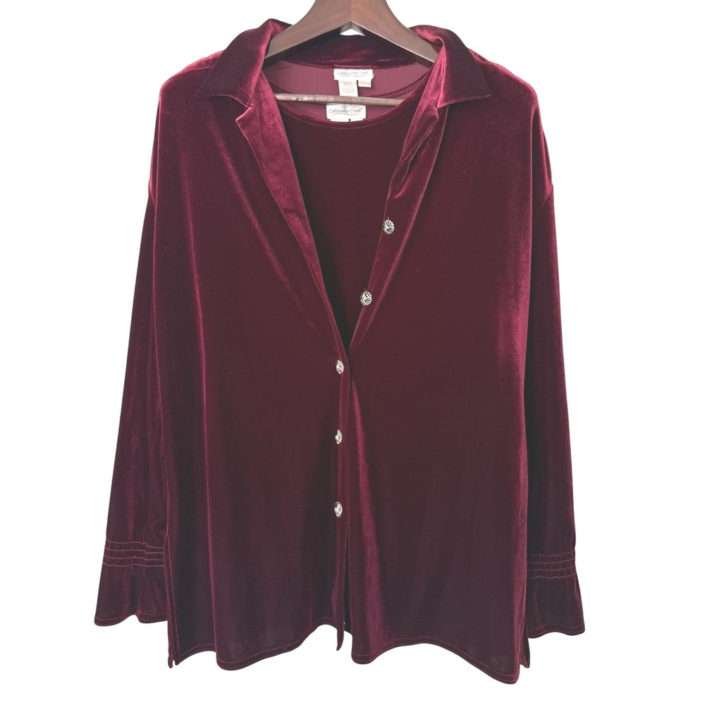 Two Piece Coldwater Creek Velvet Long Sleeve Button Down Shirt Tank Top Burgundy